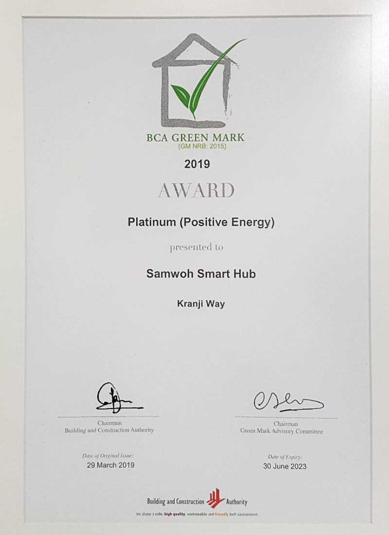 44-2019-BCA-Green-Mark-Platinum-Award-Positive-Energy---Samwoh-Smart-Hub SAMWOH | Enabling Innovation & Sustainable Construction in Singapore